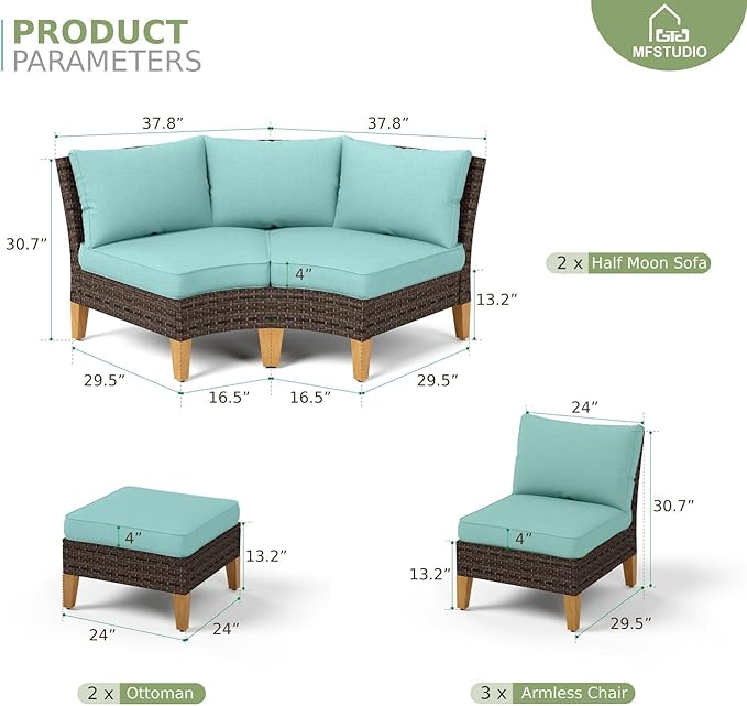 MFSTUDIO 9 Pieces Extra Large Wicker Patio Furniture Set, All-Weather Rattan Outdoor Half-Moon Curved Sectional Sofa Set 4 x Curved Couch, 3 x Armless Sofa, 2 x Ottoman(Aqua Blue Cushions)