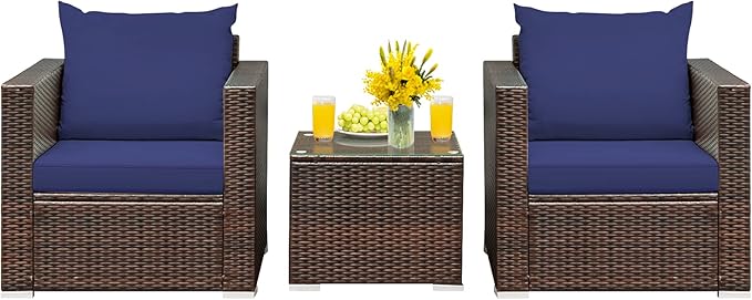 HAPPYGRILL 3-Piece Patio Furniture Set PE Rattan Wicker Sofa Set with Cushions and Coffee Table Outdoor Patio Conversation Set for Garden Poolside Balcony
