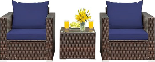 HAPPYGRILL 3-Piece Patio Furniture Set PE Rattan Wicker Sofa Set with Cushions and Coffee Table Outdoor Patio Conversation Set for Garden Poolside Balcony