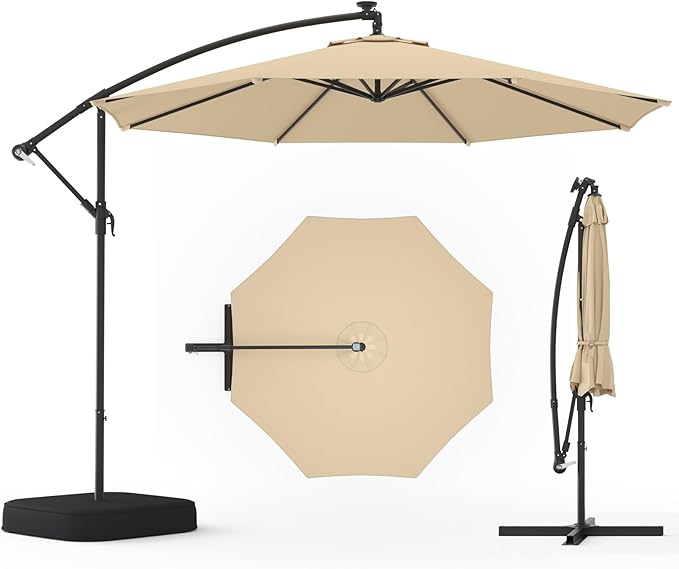 UPHYB 10FT Patio Umbrella with Base Included, Outdoor Offset Cantilever Umbrella, Infinite Tilt, Crank and Cross Base, UV Protection for Backyard, Lawn, Garden & Pool