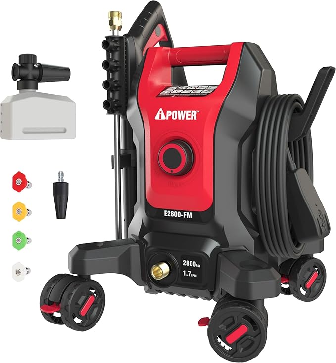 A-iPower Follow Me Electric Pressure Washer 2800 Max PSI 1.7 GPM Anti-Tipping Design with 5 Nozzles, Soap Dispense for Fences, Driveways, Patios, Cars, Home Cleaning, E2800-FM, Red