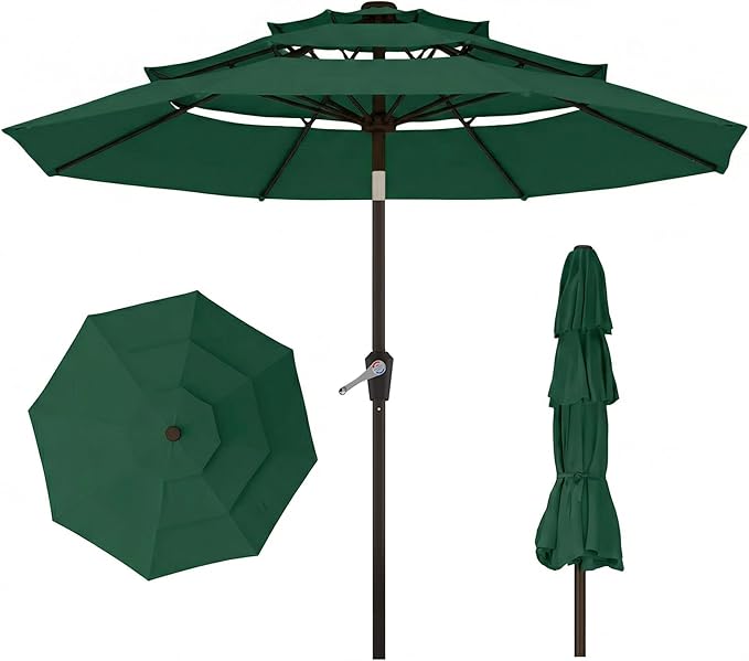 10ft 3 Tier Patio Umbrella, Outdoor Market Table Umbrella with UPF 50+ Vented Canopy, 8 Sturdy Ribs, Easy Push Button Tilt and Crank, Windproof for Deck, Pool, Backyard and Garden