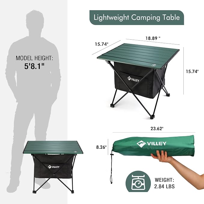 VILLEY Portable Camping Side Table, Ultralight Aluminum Folding Beach Table with Carry Bag and Under-Table Storage Hammock for Outdoor Cooking, Picnic, Camp, Boat, Travel, Medium