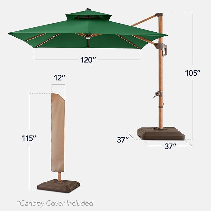 Best Choice Products 10ft Square Cantilever Patio Umbrella w/Base Included, Woodgrain Pattern Pole & Solar LED Lights, 360-Rotation, Offset Hanging Outdoor Shade
