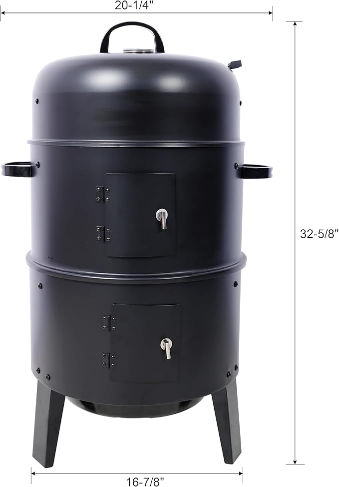 16-Inch Vertical Charcoal Smoker Grill, 3-in-1 BBQ Smoker & Grill with Thermometer, Dual Doors, Adjustable Vents, Portable Outdoor Cooker for Camping & Backyard