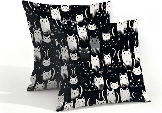 16x16 Inch Outdoor Pillow Covers Set of 2 Waterproof Throw Pillow Covers Decorative Couch Cushion Covers Cats Black White Square Pillowcases Protectors for Patio Garden Sofa