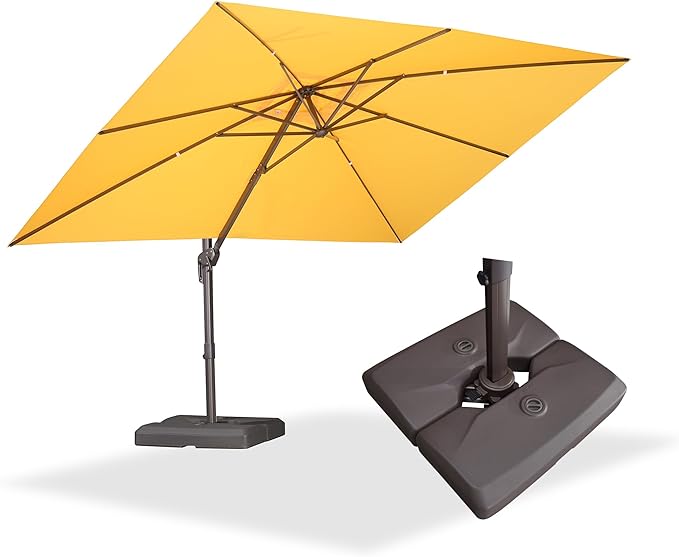 PURPLE LEAF 9' X 11.5' Rectangle Cantilever Umbrella with Base Patio Umbrella Outdoor Aluminum Antique Bronze Offset Hanging Umbrella with 360-degree Rotation for Pool Garden Backyard Deck, Yellow