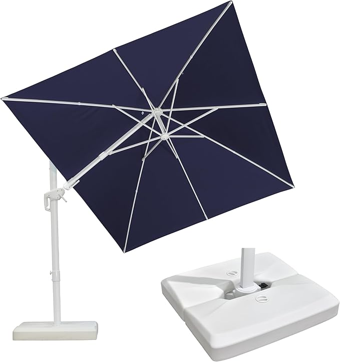PURPLE LEAF 8' X 11.5' Right-left Tilt White Cantilever Umbrella with Base Patio Outdoor Swivel Umbrellas with Aluminum Tilt Offset Umbrella with 360° Rotation for Deck Pool, Navy Blue