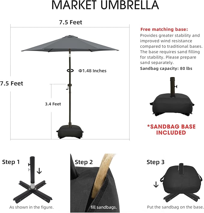 wikiwiki 7.5FT Patio Umbrella with Base, Outdoor Umbrellas with Base Included, 6 Sturdy Ribs, Waterproof Fade Resistant POLYESTER DTY Canopy for Deck, Lawn, Garden, Backyard & Pool, Dark Gray