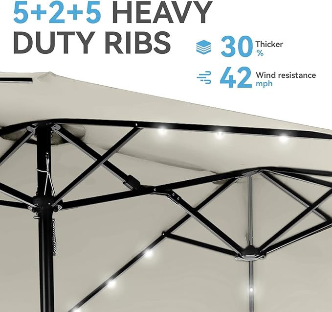 GREEN PARTY 15 ft Large Outdoor Patio Umbrella with Solar Led Lights & Base Included, Double-Sided Rectangular Table Umbrella with Stand, Market Umbrellas for Deck Poolside Garden Backyard, Ivory