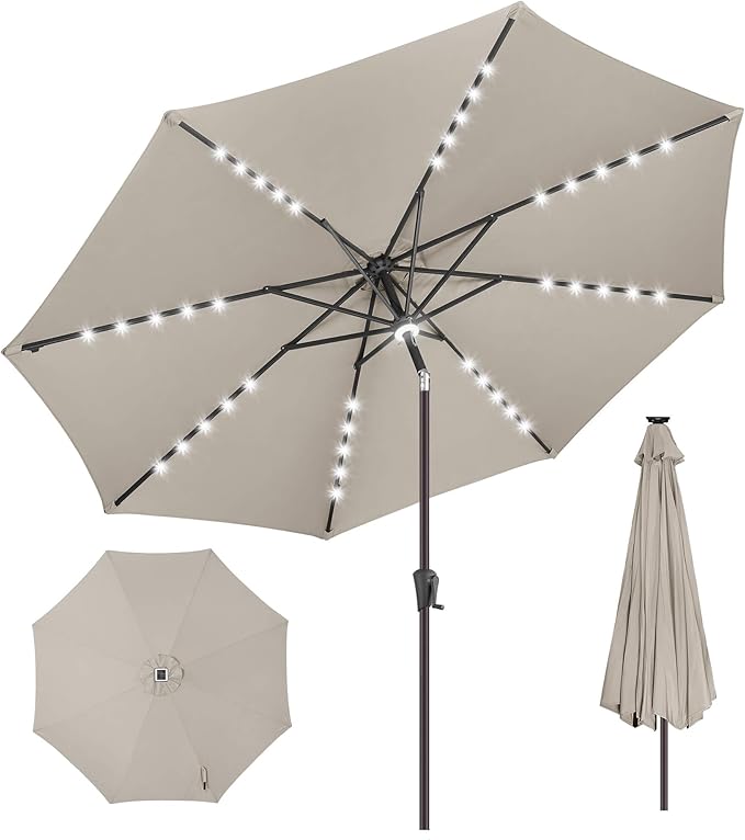 11ft Solar Umbrella Outdoor - Lighted Solar Patio Umbrella with 40 LED Lights Waterproof UV Protection, Table Umbrella with Tilt for Pool, Porch, Garden, Deck, Backyard - Taupe