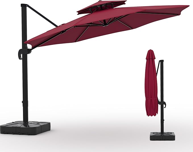 10x10 FT Round Outdoor Umbrella with Base, Cantilever Patio Umbrella with 360° Rotation & Adjustable Height, Heavy Duty Aluminum Umbrella Outdoor Patio for Garden Poolside,Burgundy Red