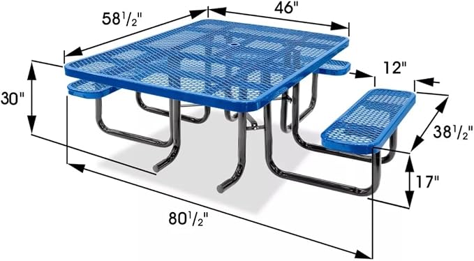 Heavy Duty ADA Outdoor Picnic Table, Expanded Metal, Wheelchair Accessible (Blue, 46 Square)