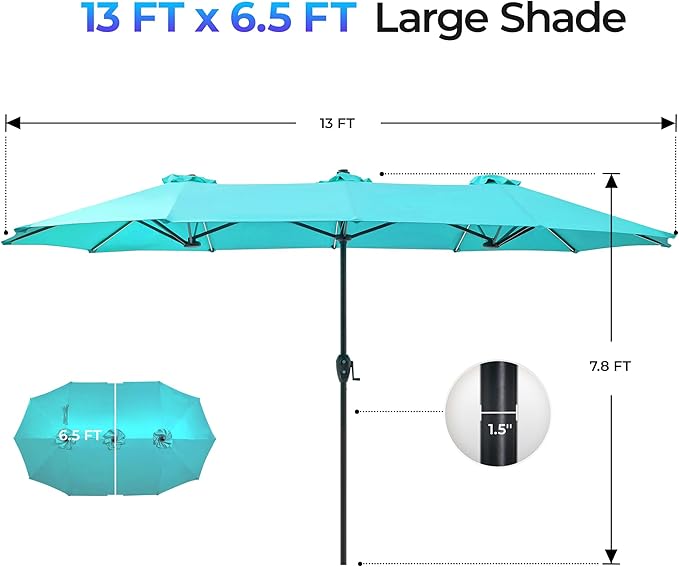 SUPERJARE 13ft Outdoor Patio Umbrella with Solar Lights, Double-sided Deck Pool Umbrella with 1.5 Inch Pole, Fade Resistant Canopy, 12 Sturdy Ribs, for Porch, Market, Backyard, Light Blue(No Base)