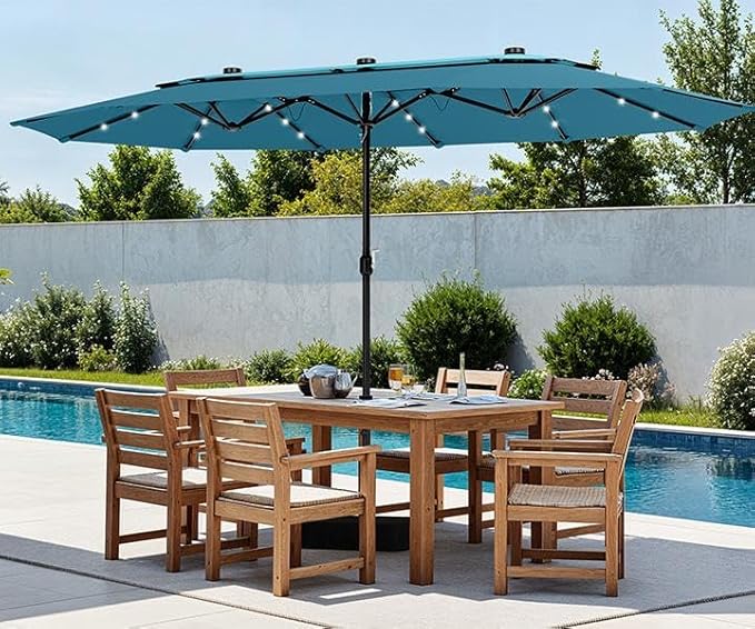 PHI VILLA 15ft 2-Tier Large Patio Umbrella with Solar Lights, Double-Sided Outdoor Market Rectangle Umbrellas with 36 LED Lights, Umbrella Base (Stand) Included, Blue&Cerulean