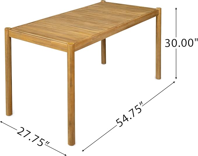 Christopher Knight Home Flemis Patio Rectangular Acacia Wood Dining Table, Slat Panel Design, for 4-6 People, Outdoor Table for Dining Set, Non-Slip Foot Pads, Garden and Balcony, Light Teak
