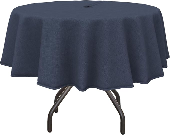 DYTXIII Outdoor Round Tablecloth with Umbrella Hole 60 Inch, Water Repellent & Fade Resistant Table Cover, All Weather Outdoor Tablecloth for Garden & Party Table, Textured Navy