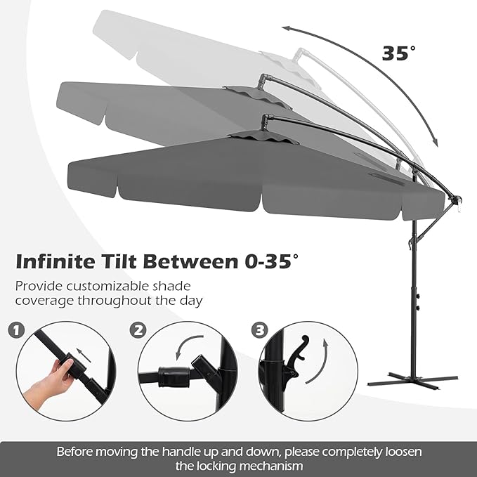 Tangkula 10FT Offset Hanging Umbrella with Cover, Patio Cantilever Umbrella w/ Easy Tilt Adjustment, Crank, Ruffled Edge, 8 Ribs, Sun-Protective Canopy, Heavy-Duty Outdoor Parasol for Pool Garden Deck (Gray)