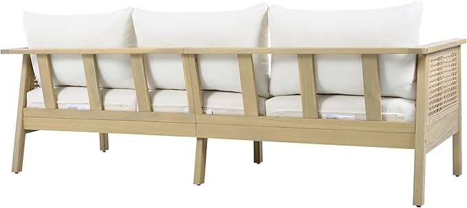 Christopher Knight Home Teras 8-Seater Patio Furniture Set with Removable Cushion, 5 Piece Outdoor Acacia Wood Conversation Set, Sold Wood Outdoor Sectional Sofa Set with Coffee Table,Light Teak+Cream