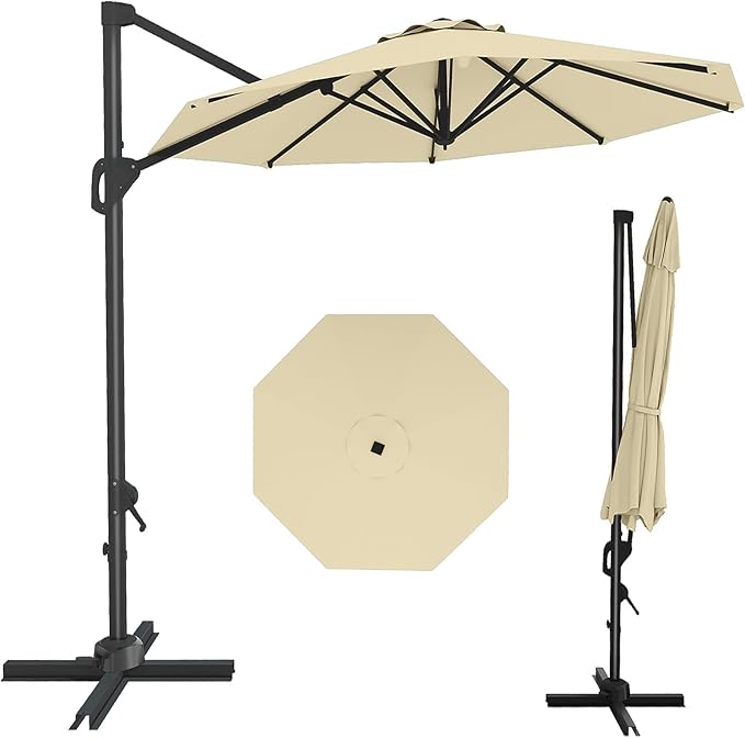GarveeLife 10FT Patio Umbrella Outdoor Large Cantilever Umbrella Market Sun Shade Windproof Offset Umbrella with 360-Degree Rotation for Garden Deck Pool Patio