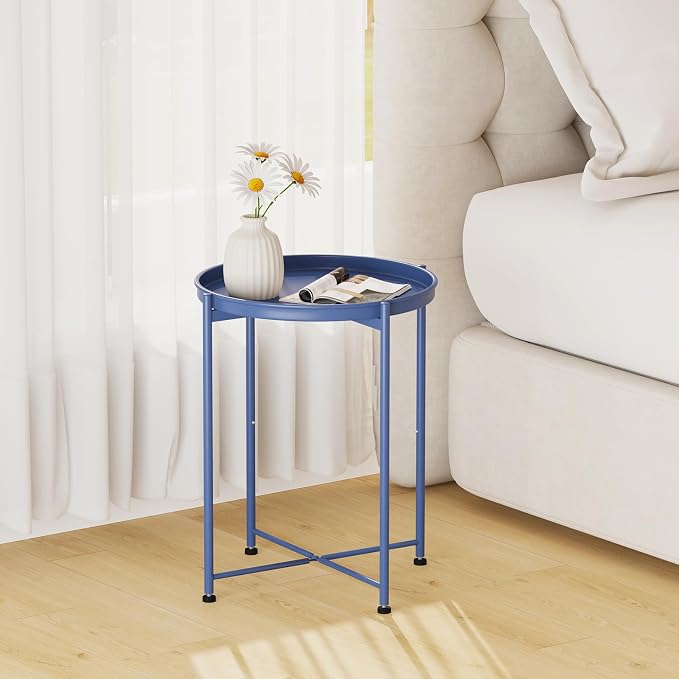 Garden 4 you Small Side Table, Blue Mini Round End Table, Tray Table with Metal Frame, Modern Nightstand for Living Room, Bedroom, Patio, Small Space, 2pcs