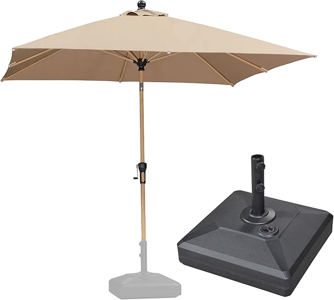 PURPLE LEAF 8' x 8' Square Outdoor Table Umbrella with Base Patio Umbrella Aluminum Market Umbrella with Push Button Tilt & Crank and 8 Ribs Outdoor Umbrella for Pool Backyard Beach, Taupe