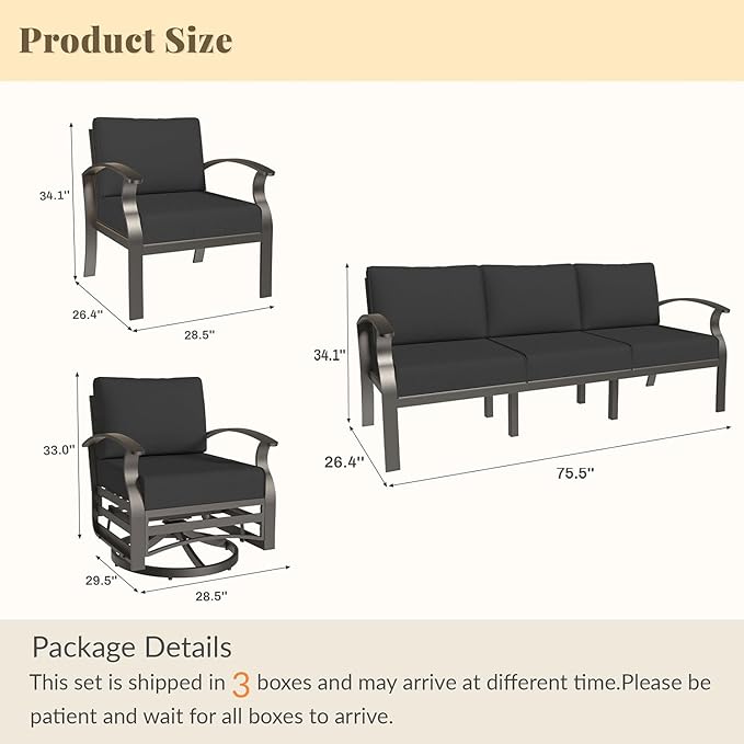 Aluminum Patio Furniture Set Patio Conversation Set,7 Seats Metal Modern Outdoor Furniture w/5.1" Cushions,Patio Sectional w/Swivel Chairs for Patio,Backyard,Dark Grey