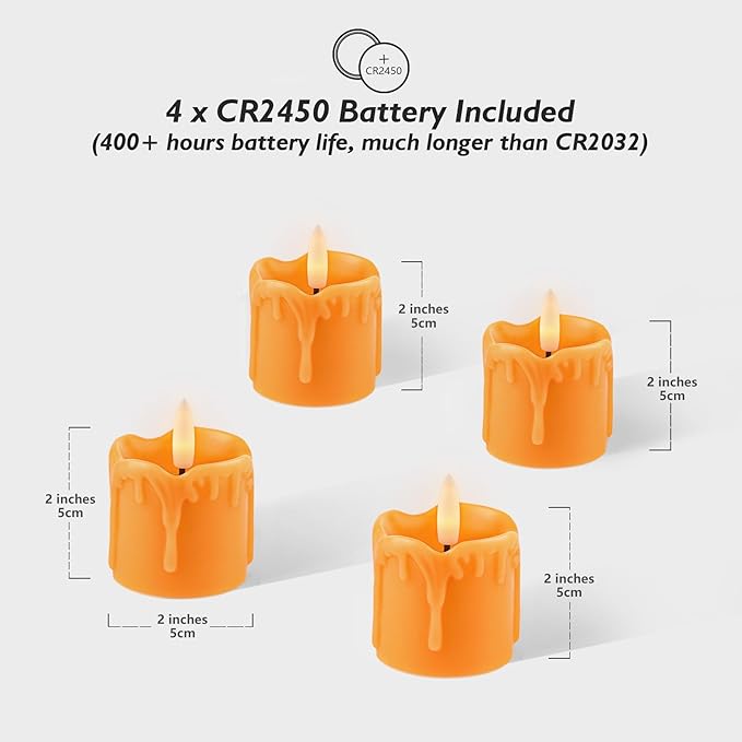 Rhytsing 2 inches Orange Flameless Votive Candles Real Wax Dripping Design, LED Faux Battery Operated Tealight Candles with Timer for Fall and Halloween, Batteries Included - Set of 4