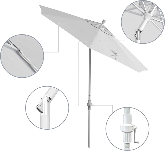 California Umbrella 7.5' Rd. Aluminum Patio Umbrella, Crank Lift, Collar Tilt, White