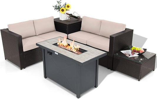 Tangkula 5-Piece Patio Furniture Set with 42 Inches Propane Fire Pit Table, Outdoor Wicker Conversation Set with Cushions, Storage Box and Coffee Table, 60,000 BTU Propane Fire Pit Table (Beige)