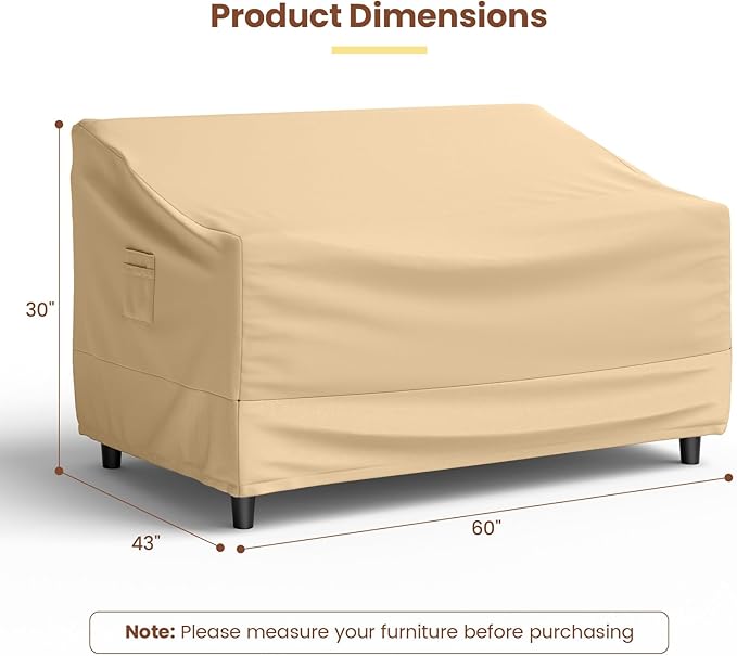 Tangkula Patio Loveseat Cover, 2-Seater Waterproof Outdoor Deep Sofa Cover with Padded Handle & Click-Close Straps, Patio Furniture Cover with Air Vent, Heavy Duty PU Couch Cover, 60"W x 43"H x 30"H