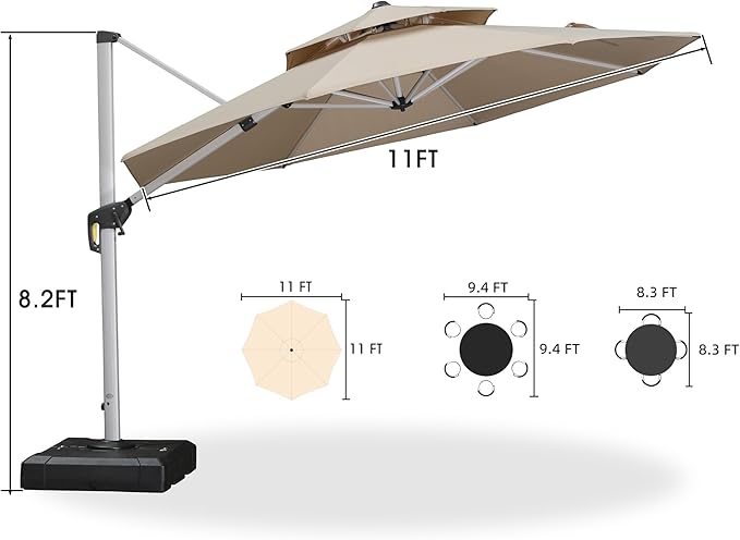 PURPLE LEAF 11 FT Cantilever Patio Umbrellas with Base Included, Large Round Offset Umbrella with 360° Rotation, Outdoor Aluminum Pool Umbrella for Pool Lawn Garden, Beige