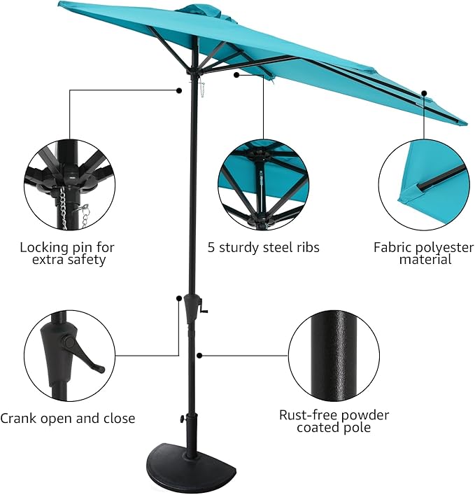 COBANA 7.5’by 4’Half Rectangular Outdoor Patio Umbrella for Patio, Balcony, Garden, Deck, Blue