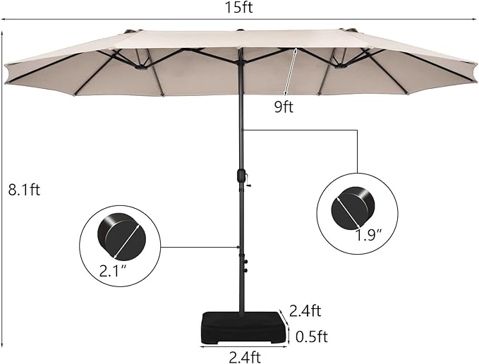 Tangkula 15FT Double-Sided Patio Umbrella, Outdoor Market Umbrella W/Hand-Crank System & Enhanced Base, Ultra-Large Twin Garden Umbrella W/ 12-Rib Structure for Residential & Commercial Use (Beige)