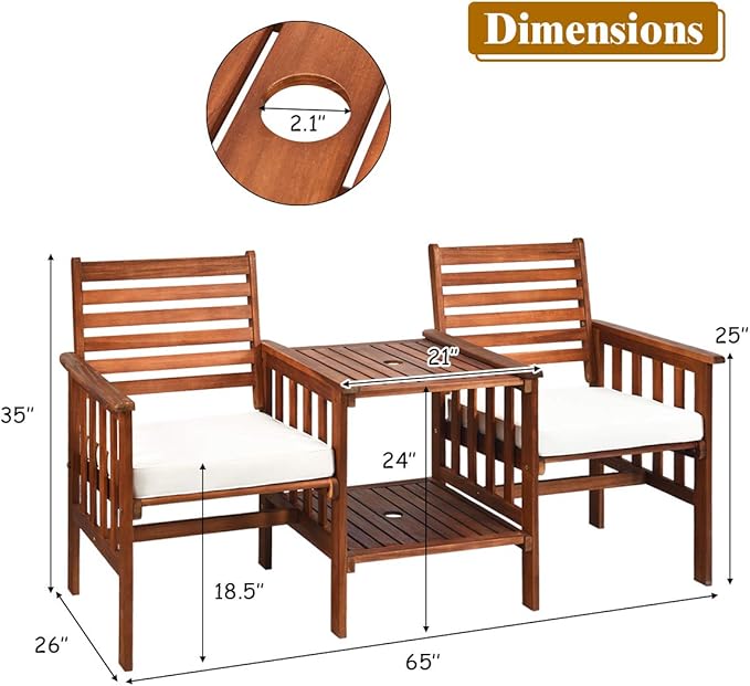 Tangkula Acacia Wood Loveseat, 3pcs Outdoor Table Chairs Set, Patio Conversation Set w/Coffee Table and Soft Cushions, 2.1-inch Umbrella Hole, 2-Seater Furniture Set (White)
