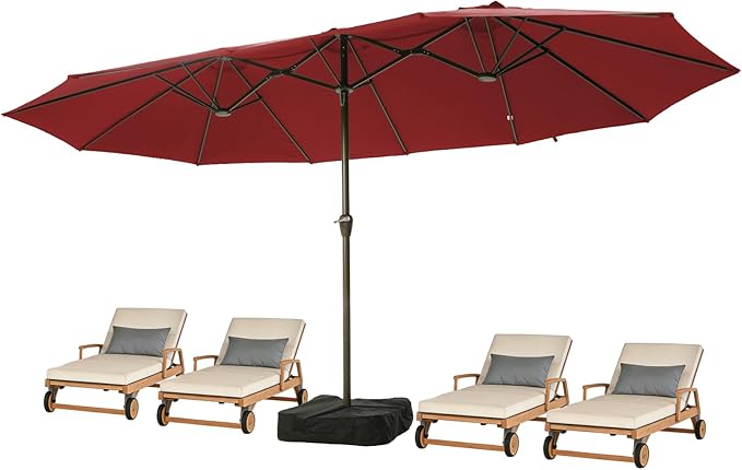 15FT Large Patio Umbrellas with Base Included, Outdoor Double-Sided Rectangle Big Market Umbrella with Stand, Outside Umbrellas for Poolside Lawn Backyard,Red