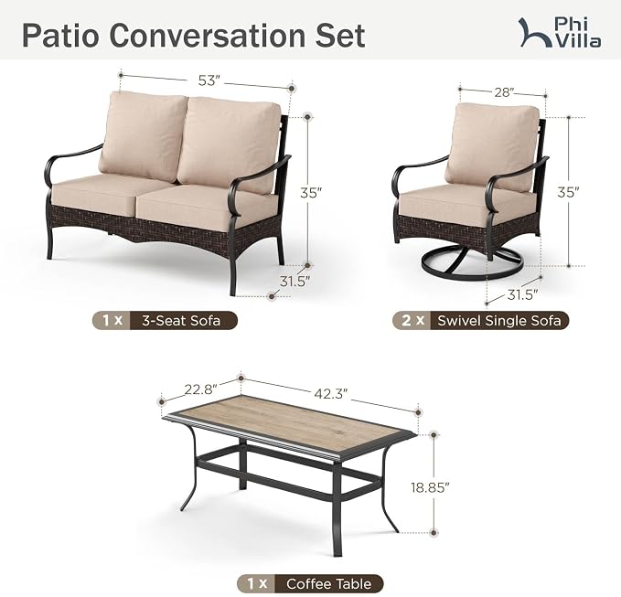 PHI VILLA Outdoor Porch Furniture Set, Upgraded Wicker & Metal Deep Seating Patio Furniture Conversation Set with Waterproof Thick Cushions for Balcony, Yard (4 Pieces,Beige)