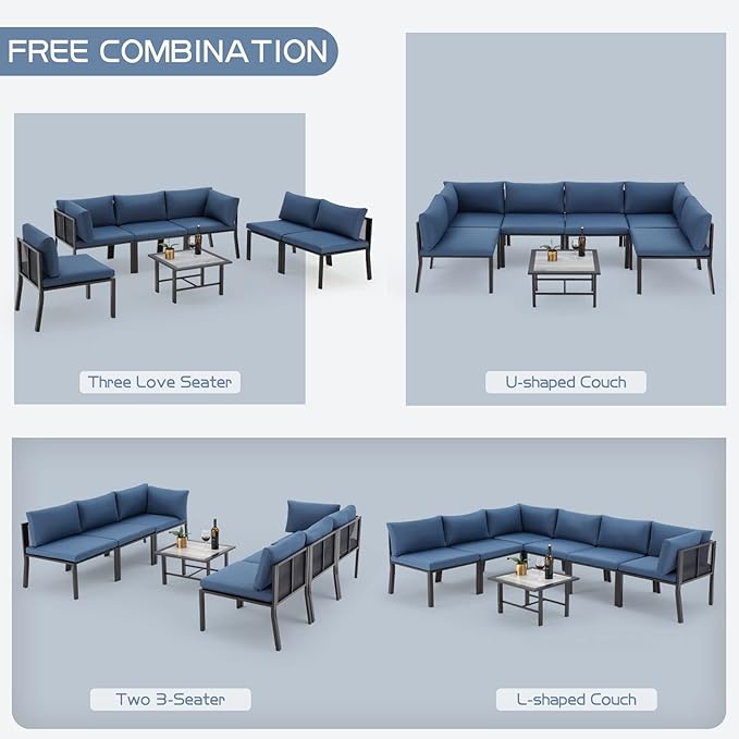 AECOJOY 7 Pieces Patio Furniture Set, Metal Mesh Fabric Outdoor Conversation Sets with Cushions and Wooden Table, Metal Outdoor Sectional Furniture for Backyard, Balcony, Lawn, Garden (Blue)