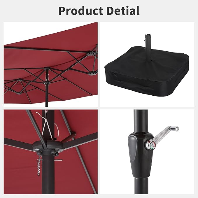 15FT Large Patio Umbrella with Crank Handle,Double-Sided Rectangular Outdoor Umbrella for Pool, Garden, Deck, Lawn & Market (Claret Red)
