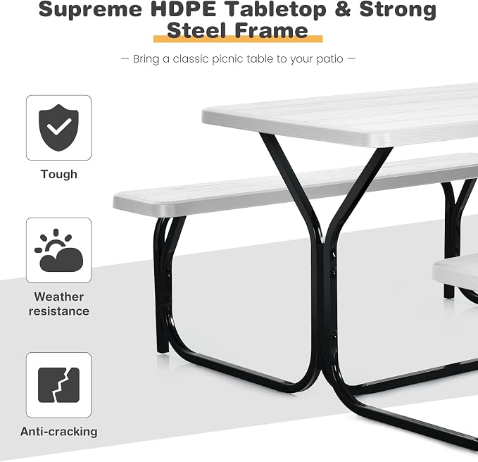 LDAILY Picnic Tables, Rectangular Picnic Table with Steel Frame, 2 Benches Set, HDPE Tabletop, Plastic Picnic Table for Outdoor, Camping, Patio, Lawn, Yard, Picnic Parties (White)