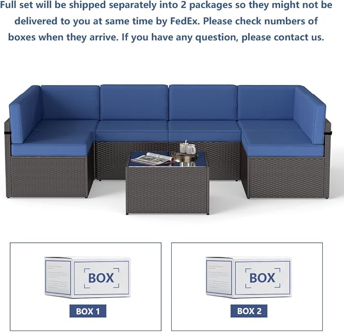 FIZZEEY 7 PCs Outdoor Patio Furniture PE Wicker Rattan Sectional Conversation Sofa Set, Dark Blue