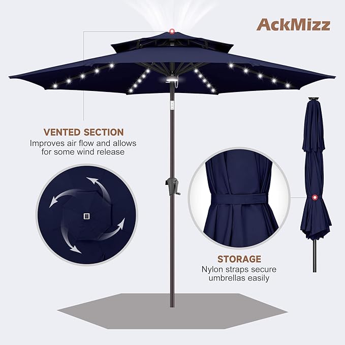 9ft Solar Umbrella Outdoor - 2 Tiers Lighted Solar Patio Umbrella with 40 LED Lights Waterproof UV Protection, Table Umbrella with Tilt for Pool, Porch, Garden, Backyard (Navy Blue)