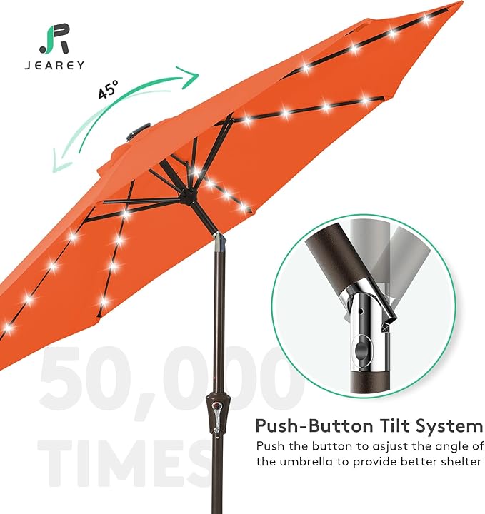 JEAREY 9FT Outdoor Patio Umbrella with Solar Lights, LED Lighted Pool Umbrella with Tilt and Crank, Outdoor Table Umbrellas for Deck, Yard & Market (Orange)