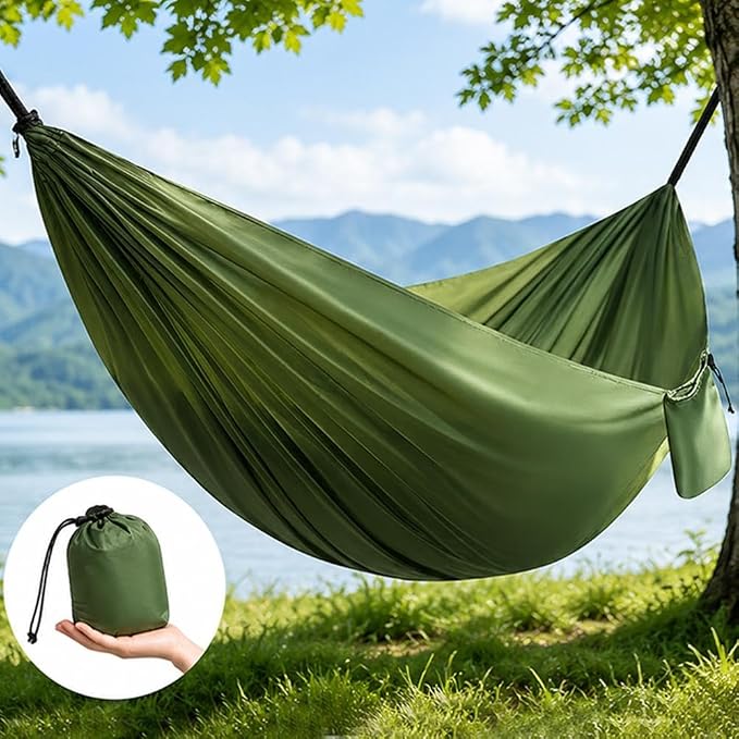 Camping Hammock Lightweight Portable Double Swing with 2 Tree Straps, Heavy Duty Parachute Nylon Bed for Backpacking Hiking Beach, Outdoor Essentials for Backyard Patio Camping Gear (Gray)