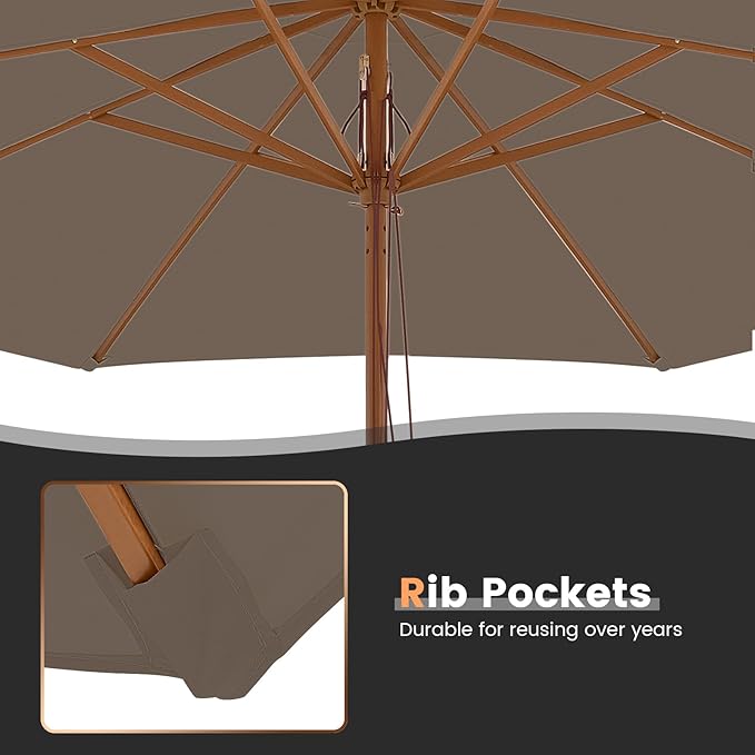 Tangkula 10FT Patio Umbrella, Outdoor Table Market Umbrella w/8 Wooden Ribs, 3 Adjustable Heights, Rope Pulley System, Detachable Pole, Wooden Patio Umbrella for Garden, Poolside, Backyard (Tan)