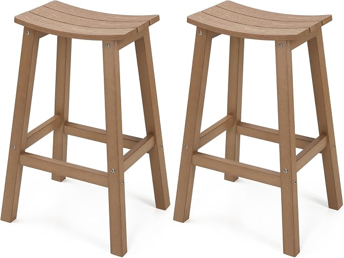 Stoog All-Weather Bar Stools Set of 2, 28" Outdoor Barstools with 400 lbs Capacity, Realistic Wood-Grain Texture, for Bar, Kitchen Counter, Pool & Patio, Teak