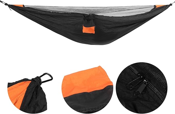 Camping Hammock with Mosquito Net,Single Hammock,Camping Hammock Lightweight, Nylon Camping Bed Net Swing 280x140cm (Black + Orange)