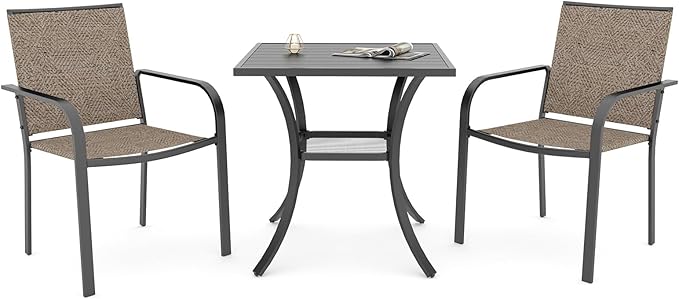 Anmutig Small Metal Square Patio Dining Set with Outdoor 27.5 Inch Table and 2 Stackable Beige Chairs - 3 Piece