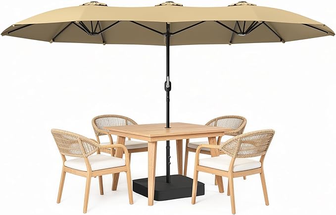 HOPERAN 15FT Patio Umbrella with Base Included, Large Outdoor Double-Sided Rectangle Table Umbrella with Easy Crank Lift, Market Umbrella for Backyard, Pool&Garden