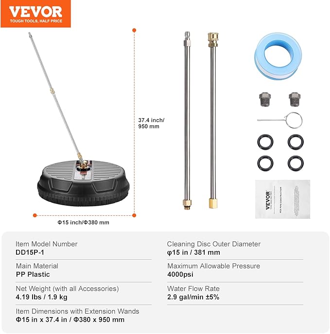 VEVOR 15 Inch Pressure Washer Surface Cleaner, 4000 PSI Universal Power Washer Accessory with 2 Extension Wands and 1/4 Inch Quick Connect, Concrete Cleaner for Driveway, Patio, Floor Cleaning